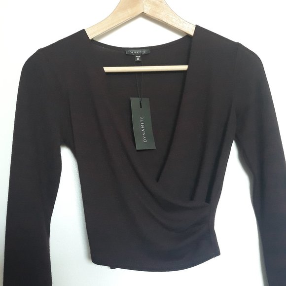 Dynamite Burgundy Long-Sleeved Faux Wrap Crop Top, NWT, Sz. XS - Picture 3 of 10